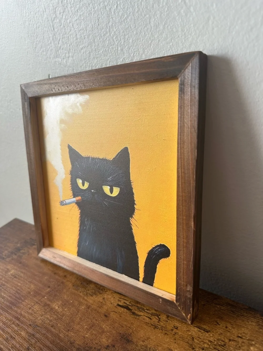 Framed Black Cat Smoking Art Wooden Wall Decor on Yellow Back 8x8” NEW - Picture 2 of 6